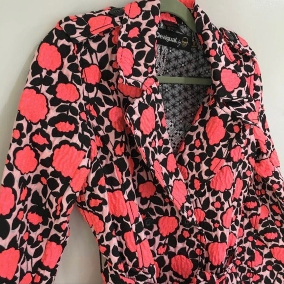Desigual Karl Lagerfeld Floral Trench Coat 38 XS S Neon Coral Belt